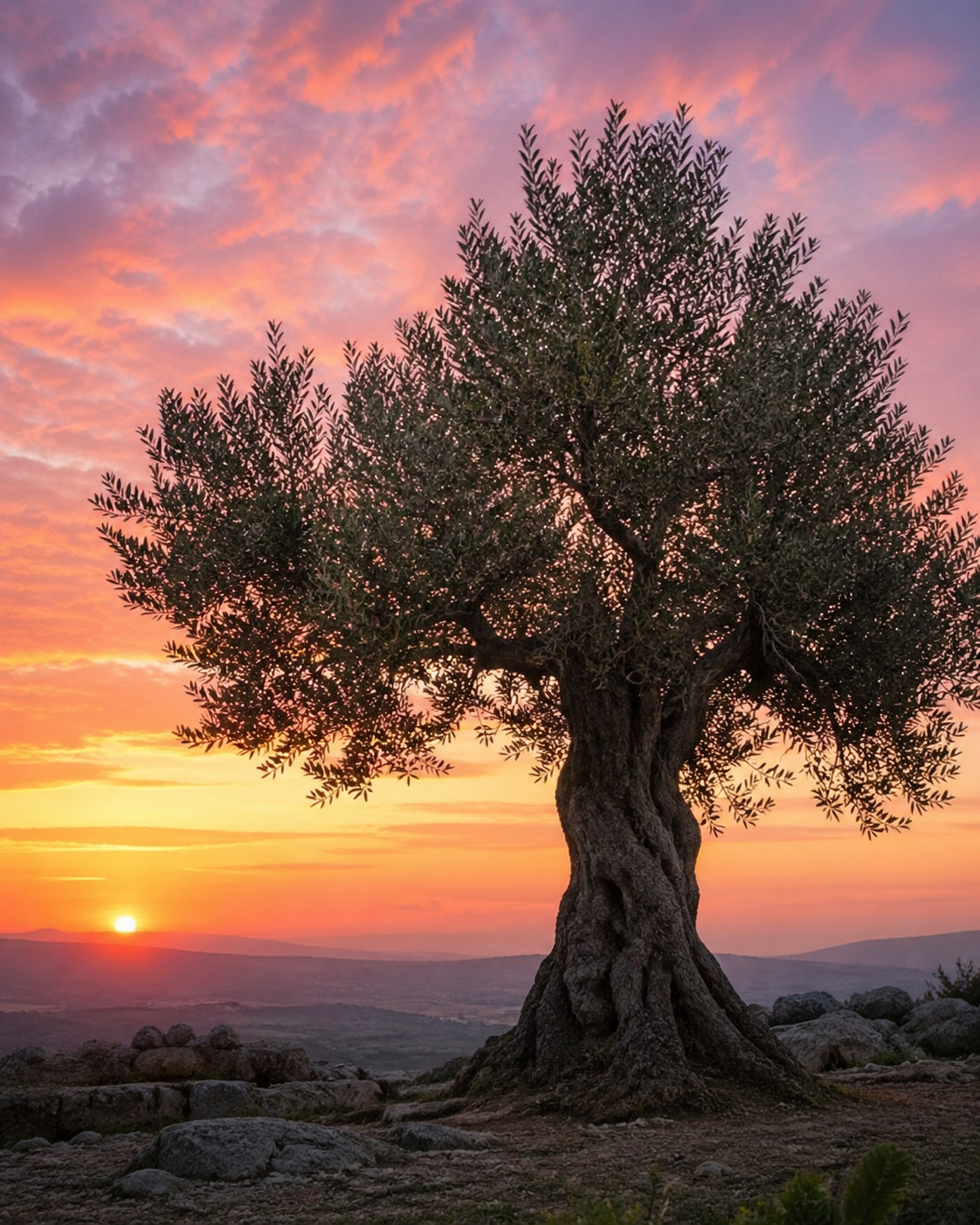 Olive tree at dawn &mdash; a symbol of Israel and the covenant